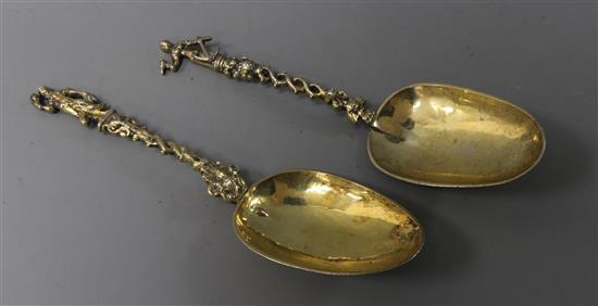 Two 18th/19th? century silver gilt apostle spoons, both approx. 17.5cm.